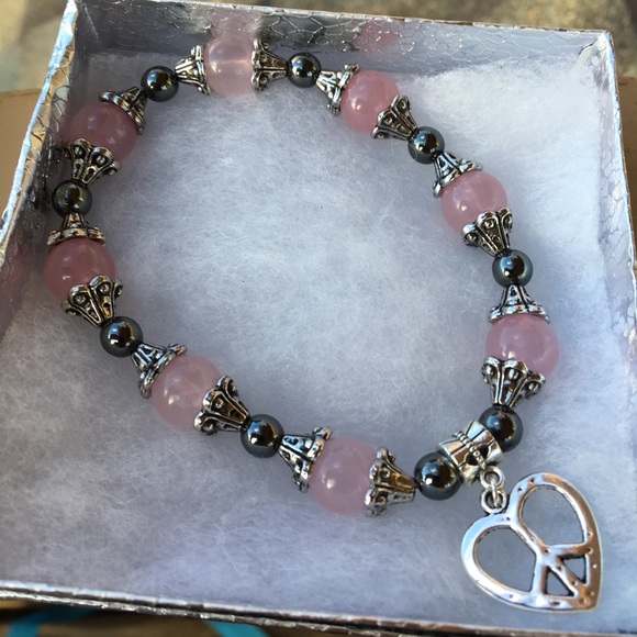 PeaceFrog Jewelry - Pink Rose Quartz Silver Hematite Heart Bracelet